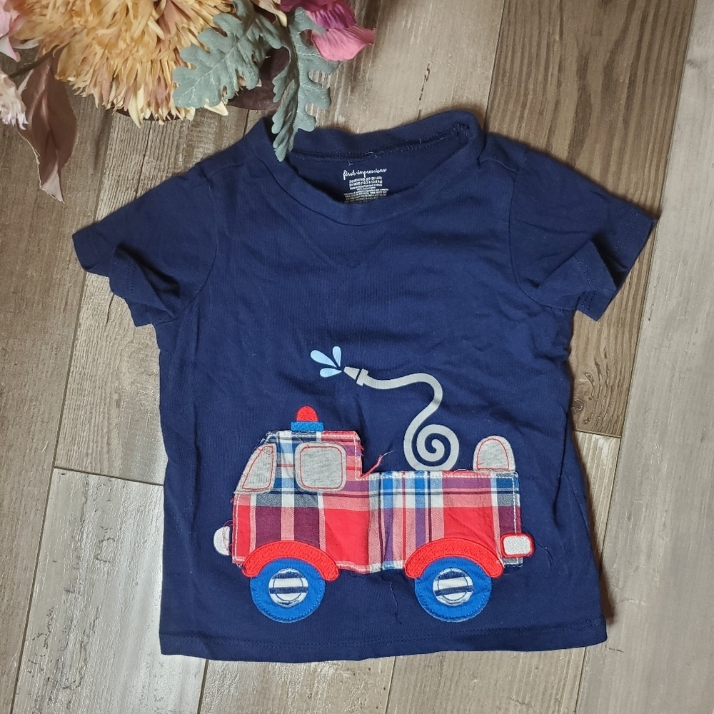 First Impressions Navy Blue Fire Truck Shirt Toddler Boy Size 24m 100% Cotton
